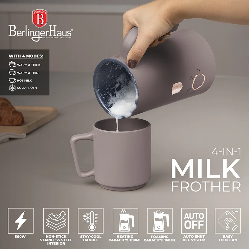 BerlingerHaus Elektrischer Milchaufschäumer 4-in-1 Taupe - 160 ml