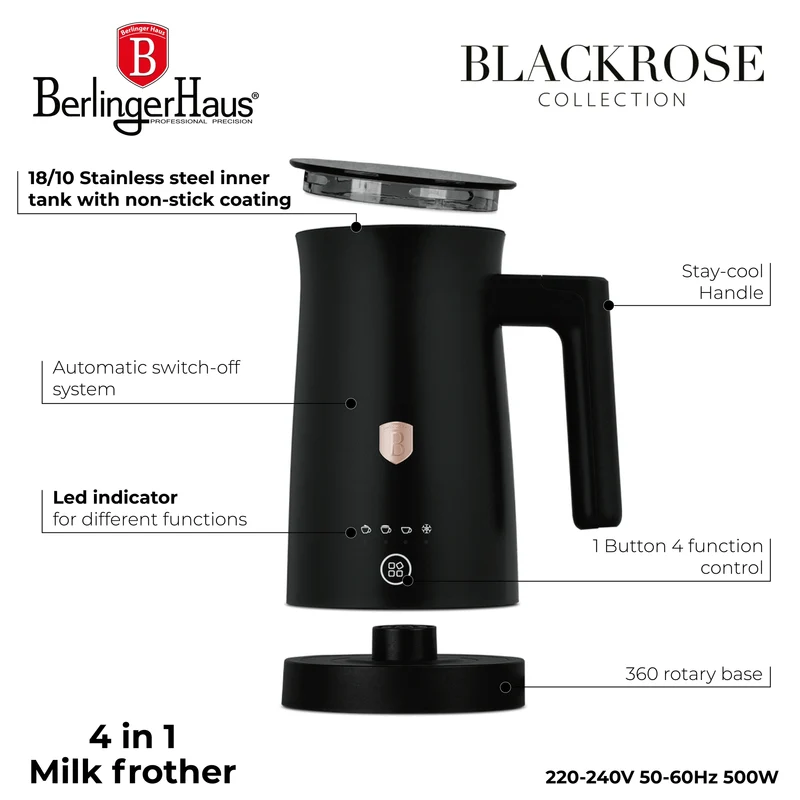 BerlingerHaus Elektrischer Milchaufschäumer 4-in-1 Schwarz Roségold - 160 ml