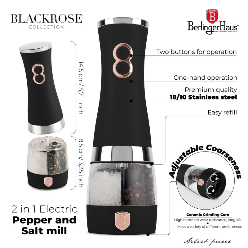 BerlingerHaus Elektrische Pfeffer- und Salzmühle Schwarz Roségold - 2-in-1 - Keramische Mühle