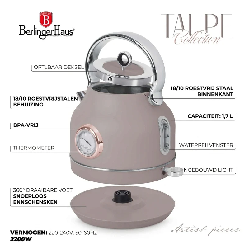 BerlingerHaus Wasserkocher Taupe - mit Thermometer - 1,7 Liter - 2200W