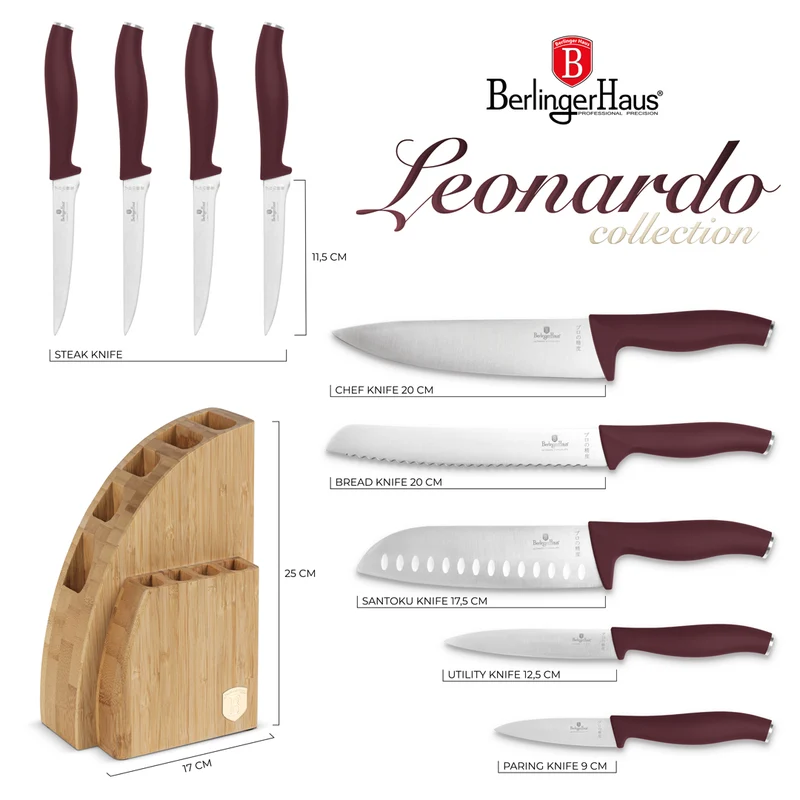 BerlingerHaus Messerblock Matt Bordeaux 10-teilig - Kochmesser, Brotmesser, Santokumesser, Officemesser, Schälmesser & 4 Steakmesser
