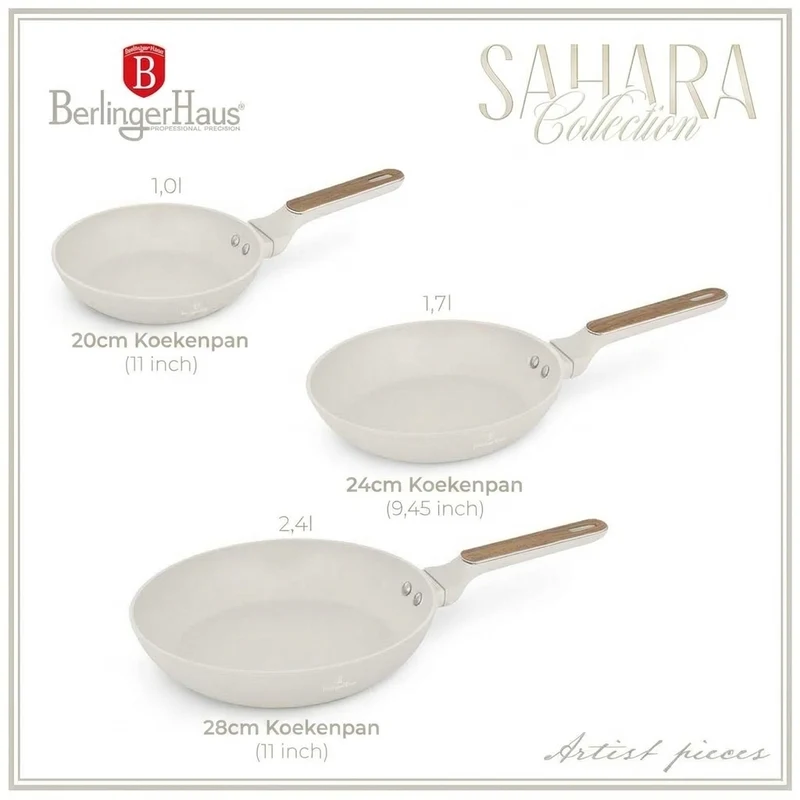 BerlingerHaus Bratpfannenset Nordic Mat Crème 3-Teilig - ø 20, 24 & 28 cm - geeignet für alle Wärmequellen - Standard Antihaftbeschichtung