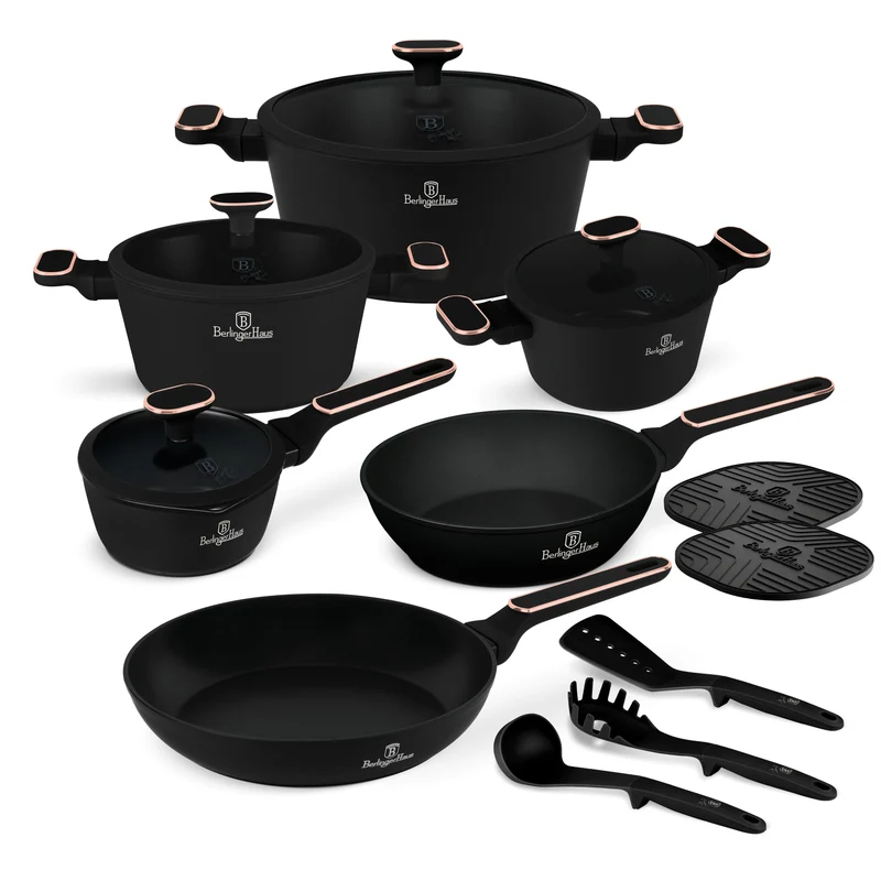 BerlingerHaus Topfset Schwarz Roségold 11-Teilig - Kochtopf ø 20, 24, 28 cm, Bratpfanne ø 24, 28 cm & Stielkasserolle ø 16 cm - geeignet für alle Wärmequellen