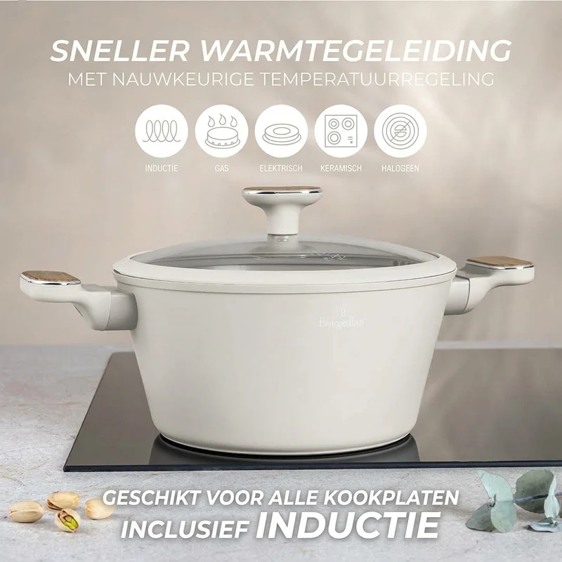 BerlingerHaus Topfset Nordic Mat Crème 7-Teilig - Kochtopf ø 20, 24, 28 cm & Bratpfanne ø 20, 24 cm - geeignet für alle Wärmequellen