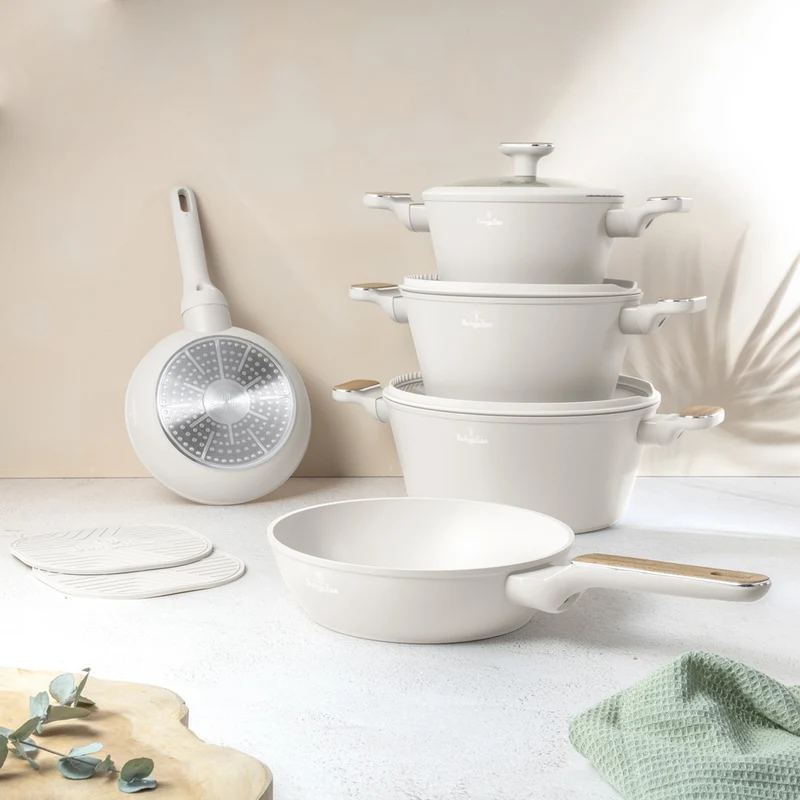 BerlingerHaus Topfset Nordic Mat Crème 7-Teilig - Kochtopf ø 20, 24, 28 cm & Bratpfanne ø 20, 24 cm - geeignet für alle Wärmequellen