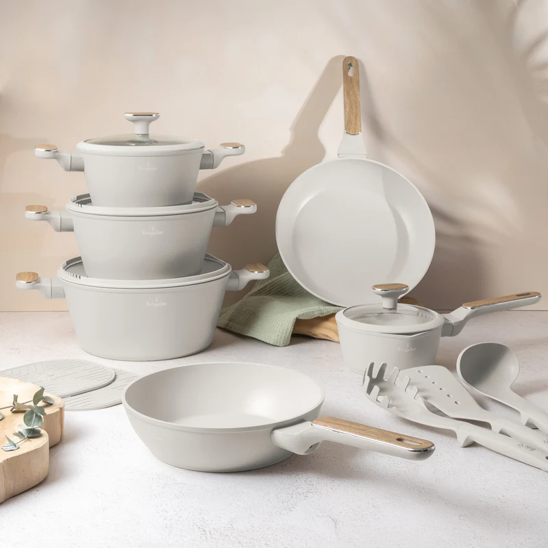 BerlingerHaus Topfset Nordic Matt Crème 11-Teilig - Kochtopf ø 20, 24, 28 cm, Bratpfanne ø 24, 28 cm & Stielkasserolle ø 16 cm - geeignet für alle Wärmequellen