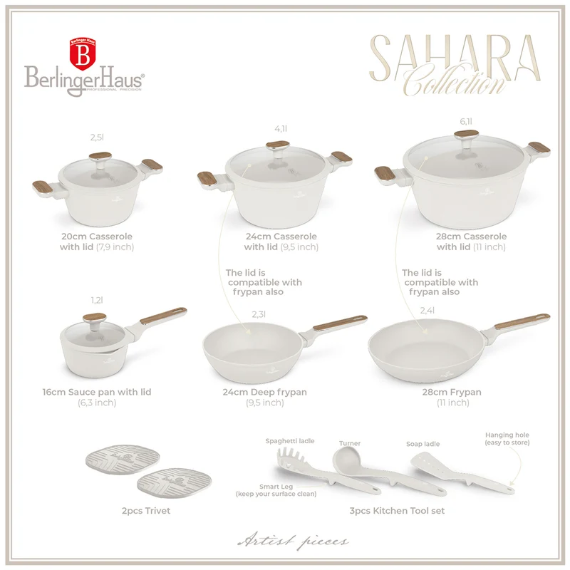 BerlingerHaus Topfset Nordic Matt Crème 11-Teilig - Kochtopf ø 20, 24, 28 cm, Bratpfanne ø 24, 28 cm & Stielkasserolle ø 16 cm - geeignet für alle Wärmequellen
