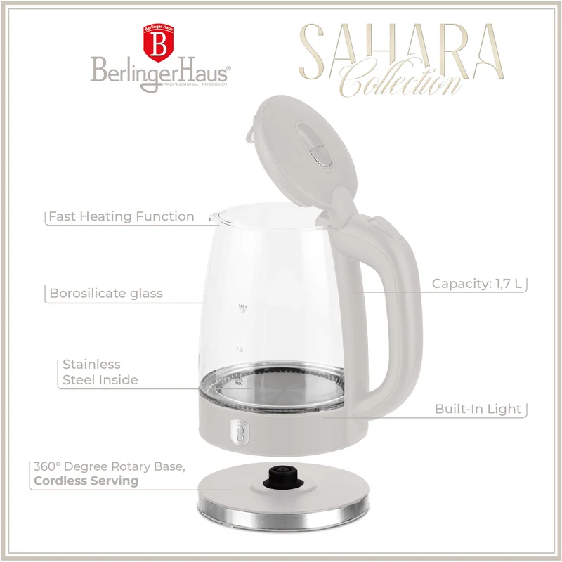 BerlingerHaus Wasserkocher Glas Matt Creme - 1,7 Liter - 2200W