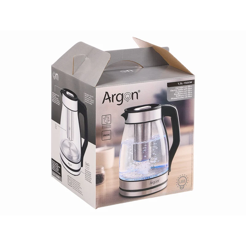 Argon Wasserkocher Glas / RVS mit Filter - 1,5 Liter - 1500 W