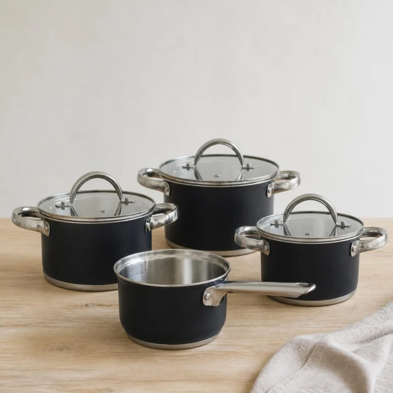 Cooking Topfset Schwarz 4-teilig Edelstahl - Kochtopf ø 16, 18, 20 cm & Stielkasserolle ø 16 cm - geeignet für alle Wärmequellen