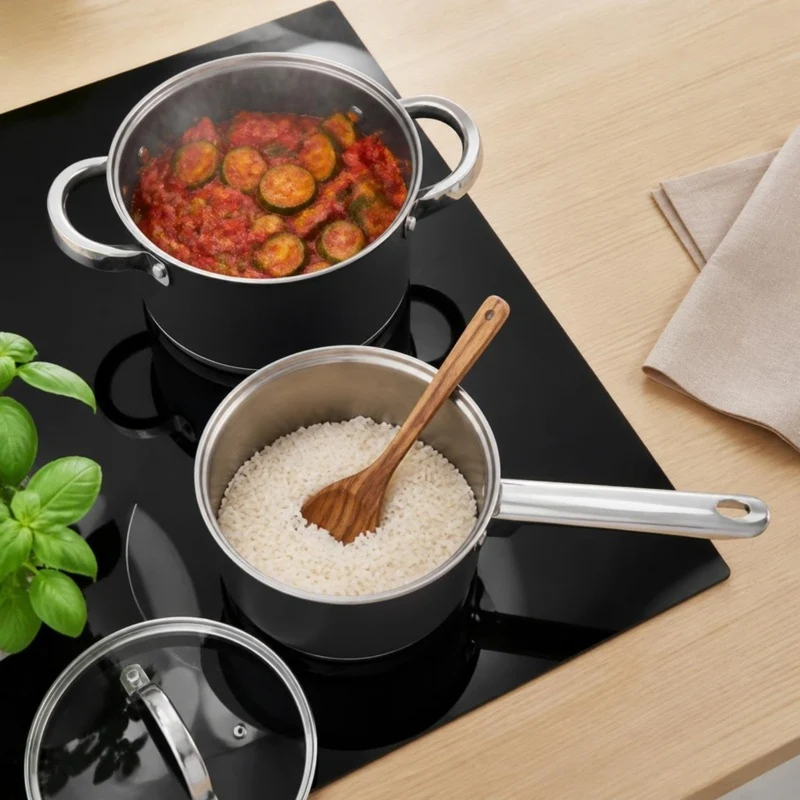 Cooking Topfset Schwarz 4-teilig Edelstahl - Kochtopf ø 16, 18, 20 cm & Stielkasserolle ø 16 cm - geeignet für alle Wärmequellen