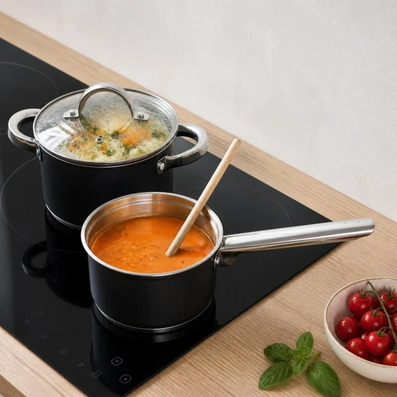 Cooking Topfset Schwarz 4-teilig Edelstahl - Kochtopf ø 16, 18, 20 cm & Stielkasserolle ø 16 cm - geeignet für alle Wärmequellen