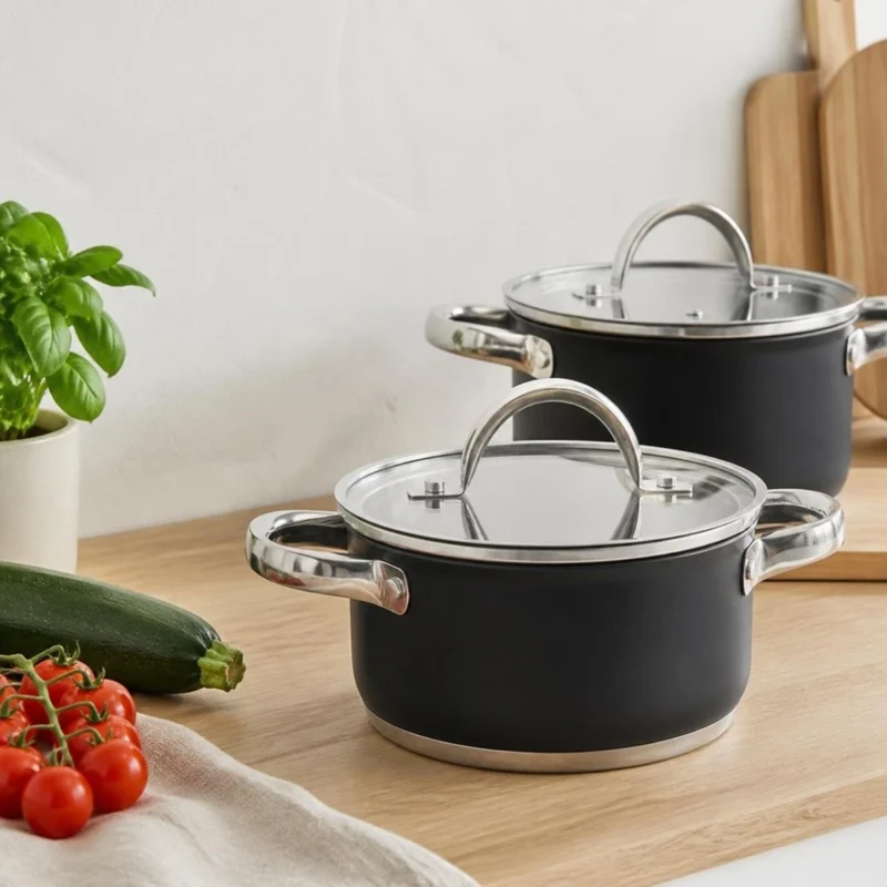 Cooking Topfset Schwarz 4-teilig Edelstahl - Kochtopf ø 16, 18, 20 cm & Stielkasserolle ø 16 cm - geeignet für alle Wärmequellen
