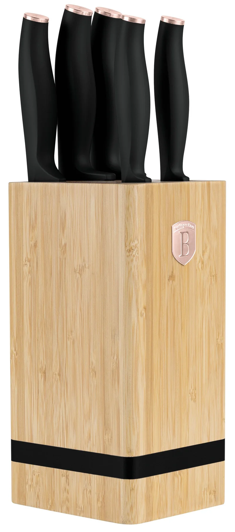 BerlingerHaus Messerblock Schwarz Roségold 6-teilig - Kochmesser, Brotmesser, Santokumesser, Officemesser & Schälmesser