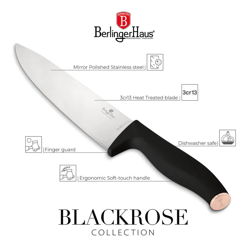 BerlingerHaus Messerblock Schwarz Roségold 6-teilig - Kochmesser, Brotmesser, Santokumesser, Officemesser & Schälmesser