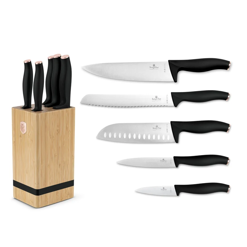 BerlingerHaus Messerblock Schwarz Roségold 6-teilig - Kochmesser, Brotmesser, Santokumesser, Officemesser & Schälmesser