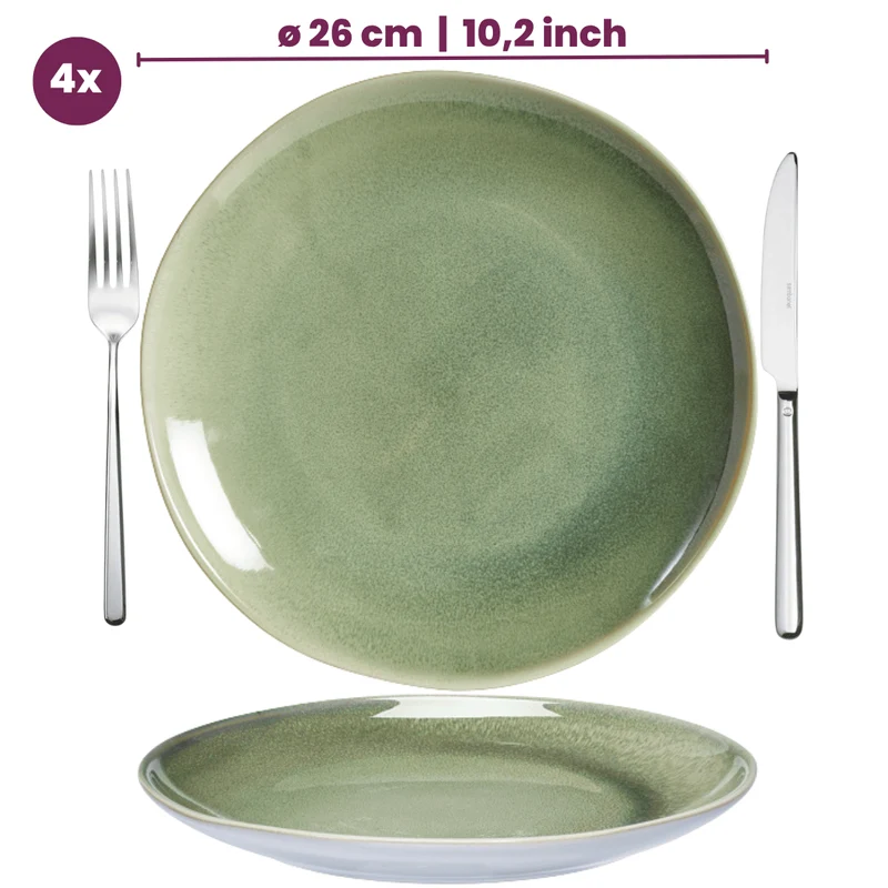 Cookinglife Serene Green 12-teiliges Geschirrset / 4 Personen - 4 Speiseteller, 4 Frühstücksteller und 4 Schüsseln
