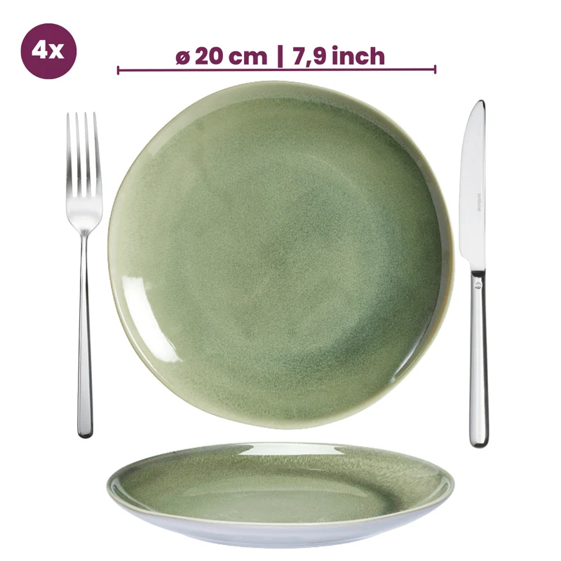 Cookinglife Frühstücksteller / Dessertteller Serene Green Ø 20 cm – Steingut – 4 Stück