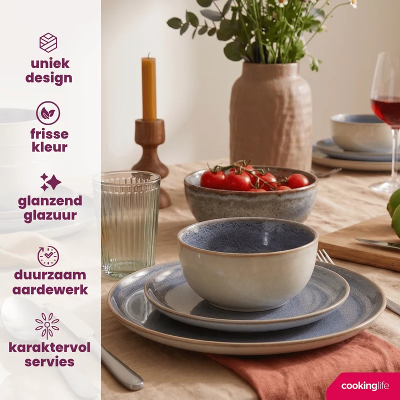 Cookinglife Serene Blue 12-teiliges Geschirrset / 4 Personen - 4 Speiseteller, 4 Frühstücksteller und 4 Schüsseln