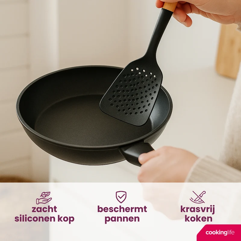 Cookinglife Kochgeschirr Set - Kochgeschirr Set - Holz schwarz 5-teilig - Schaumkelle, Suppenlöffel, Spaghettilöffel, Bratschaufel & Servierlöffel