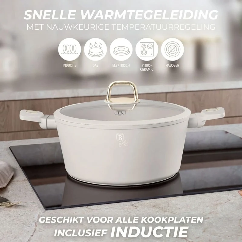 BerlingerHaus Topfset Matt Creme 11-Teilig - Kochtöpfe ø 20, 24, 28 cm, Bratpfannen ø 24, 28 cm & Stielkasserolle ø 16 cm - Geeignet für alle Wärmequellen