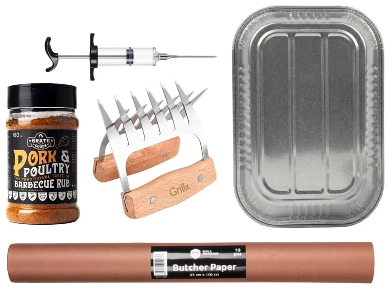 Cookinglife Pulled Pork Set BBQ-Kit 5-Teilig - Fire & Flavour - Fleischkrallen, Injector & Rub