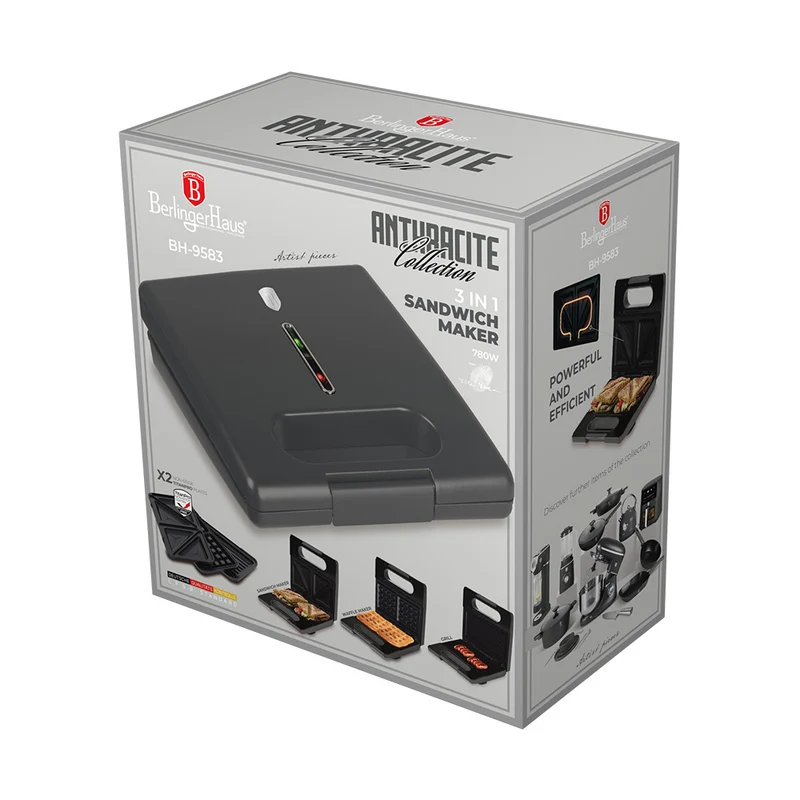 BerlingerHaus Sandwichmaker 3-in-1 Matt Anthrazit - Herausnehmbare Platten - Waffel & Grill - 780W