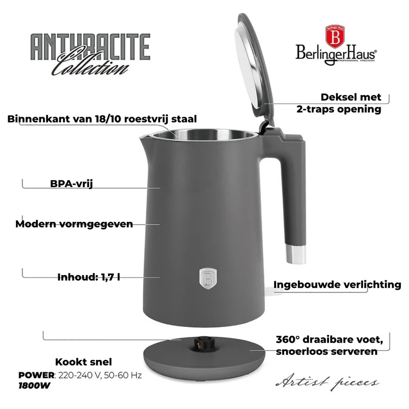BerlingerHaus Wasserkocher Doppelwandig Matt Anthrazit - 1,7 Liter - 1800W