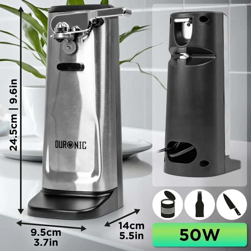 Duronic CO60 Dosenöffner, elektrischer Büchsenöffner für bis zu 600 ml Konservendosen, 3-in-1 automatischer Konservenöffner mit Messerschärfer und Flaschenöffner