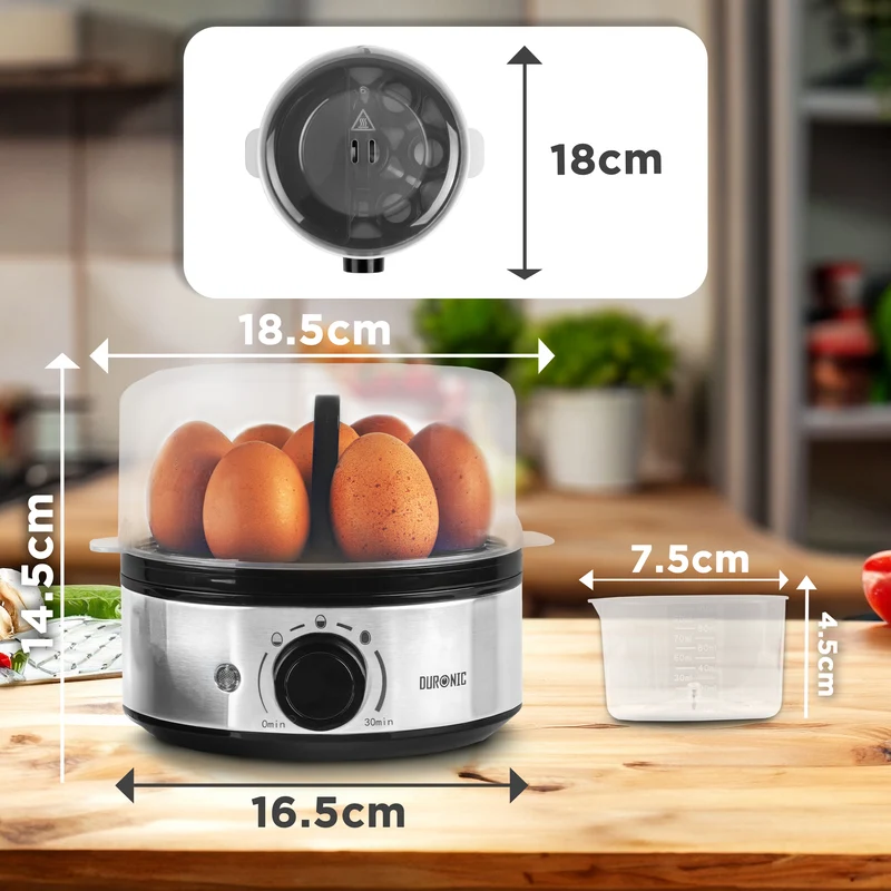 Duronic EB50 BK Eierkocher für 7 Eier, 400 Watt, Härtegrad von weich bis hart, mit Timer, mit Messbecher und Eipick, Frühstücksei für Familie