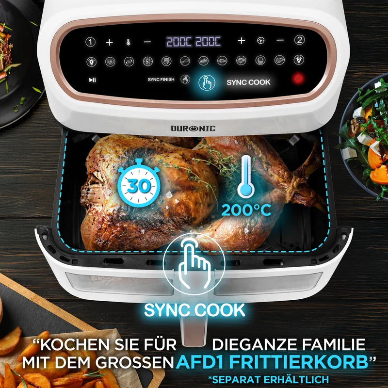 Duronic AF14 WG Heißluftfritteuse, XXL Heißluftfriteuse mit 10 Liter für Pommes, Friteuse HLF 10L Volumen Airfryer, Air Fryer für Rezepte ohne Öl