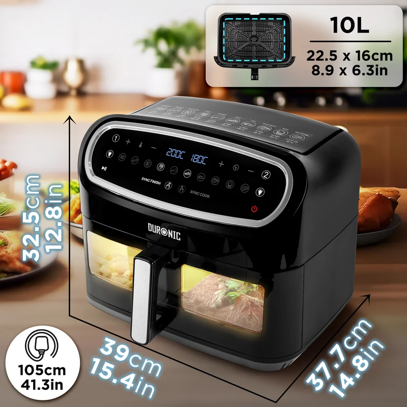 Duronic AF14 BK Heißluftfritteuse, XXL Heißluftfriteuse mit 10 Liter für Pommes, Friteuse HLF 10L Volumen Airfryer, Air Fryer für Rezepte ohne Öl