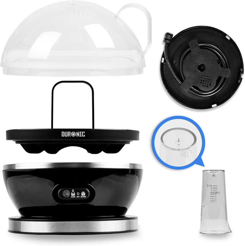 Duronic EB27 BK Eierkocher für bis zu 7 Eier, Elektrischer Egg Boiler 400W Härtegradeinstellung weich, mittel, hart, Timer & Überhitzungsschutz, inkl. Messbecher & Eipick, Perfektes Frühstücksei