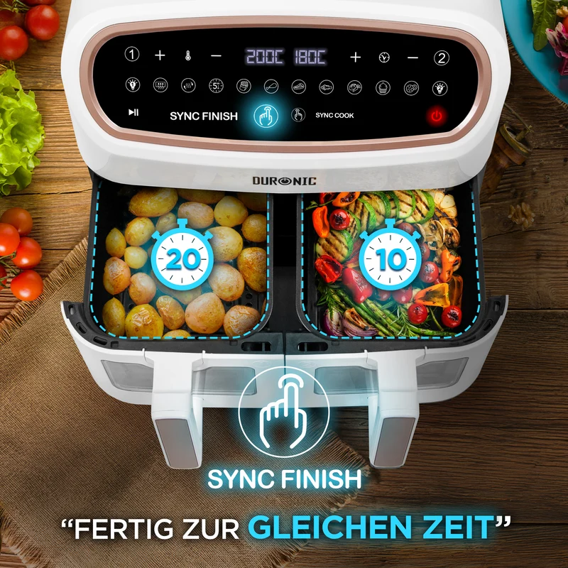 Duronic AF34 WG Heißluftfritteuse mit Sichtfenster | XXL Doppel Air fryer mit 2 Kammern 10 L | 2400 W Dual Zone Air Fryer | HLF mit 10 Programme | Inklusive großer Frittierkorb | Touchscreen Fritteuse