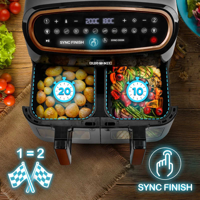 Duronic AF34 BG Dual Air Fryer, Doppel Heißluftfritteuse mit extragroßer Schublade, HLF Heißluftfriteuse für Süßkartoffel Pommes, Frittieren ohne Öl
