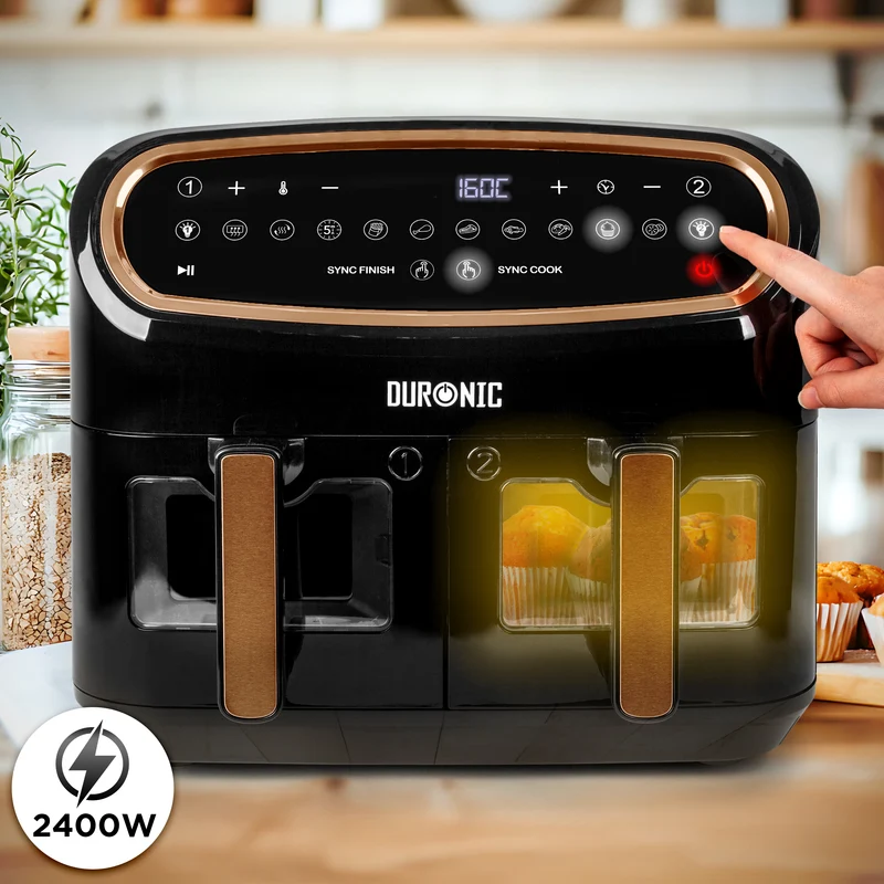 Duronic AF34 BG Dual Air Fryer, Doppel Heißluftfritteuse mit extragroßer Schublade, HLF Heißluftfriteuse für Süßkartoffel Pommes, Frittieren ohne Öl