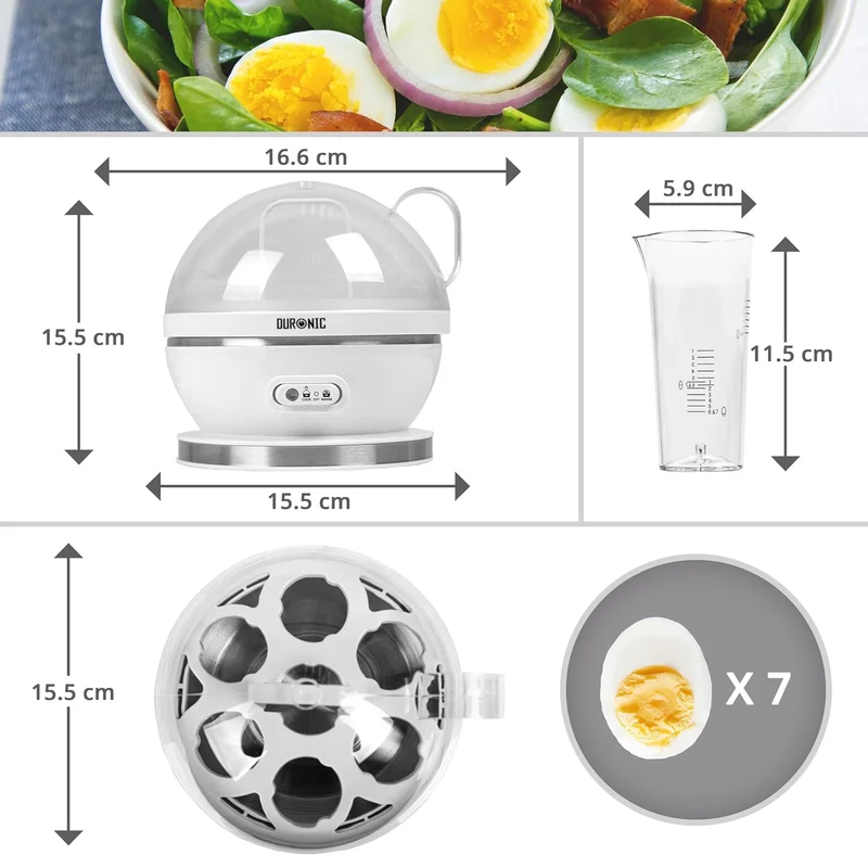 Duronic EB27 WE Eierkocher für bis zu 7 Eier, Elektrischer Egg Boiler 400W Härtegradeinstellung weich, mittel, hart, Timer & Überhitzungsschutz, inkl. Messbecher & Eipick, Perfektes Frühstücksei