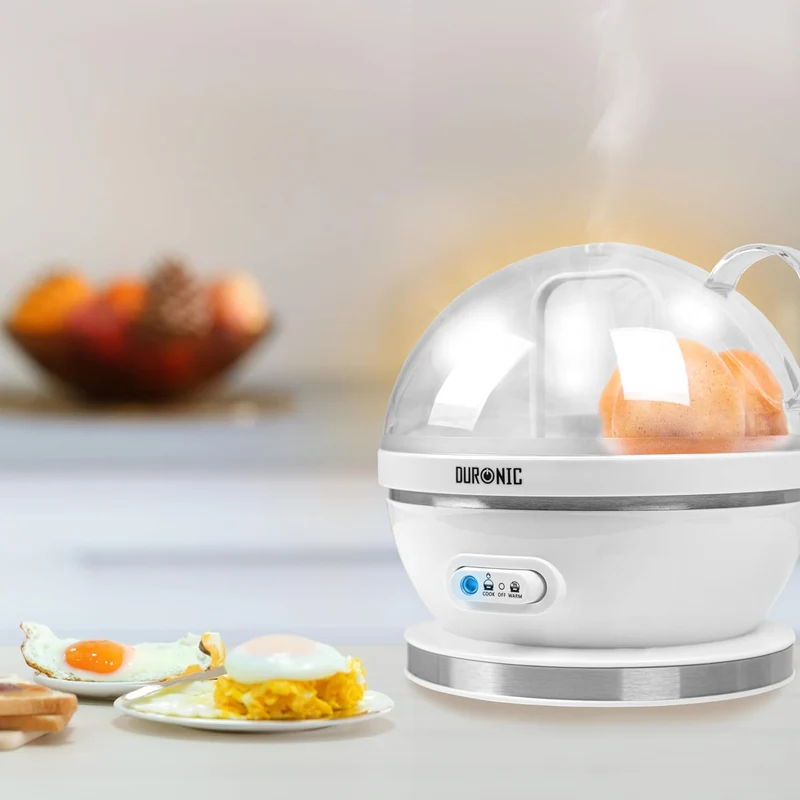 Duronic EB27 WE Eierkocher für bis zu 7 Eier, Elektrischer Egg Boiler 400W Härtegradeinstellung weich, mittel, hart, Timer & Überhitzungsschutz, inkl. Messbecher & Eipick, Perfektes Frühstücksei