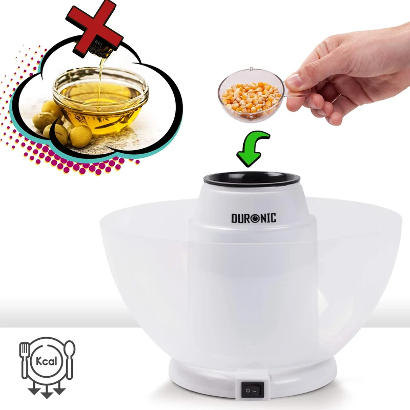 Duronic POP50 WE Popcornmaschine | Heißluft ohne Fett & Öl | 1200 Watt | inkl. Messbecher | für 50 Gramm Mais | abnehmbare Schüssel | Ölfreies Popcorn | Kalorienarm | Weiß