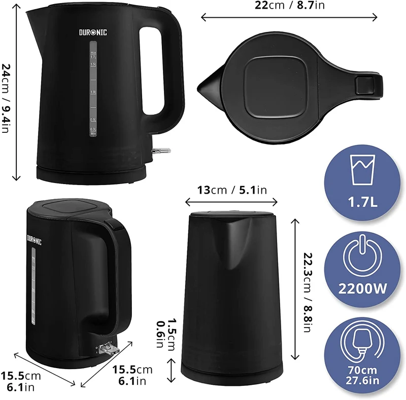 Duronic Wasserkocher EK17 BK | 1,7l Fassungsvermögen | 2200 Watt | Schnellkochend | Basis mit kabellosem Wasserkocher | Automatische Abschaltung | Zeitgemäßes Design | Schwarz