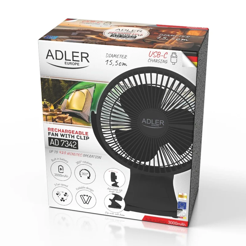 Adler AD 7342 black Akku-Ventilator mit Clip