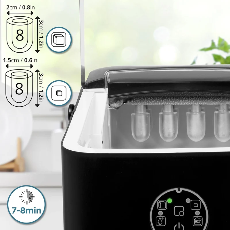 Duronic ICM12 BK Automatische Eiswürfelmaschine | 8 Eiswürfel in 6 - 8 min | 1 L Wassertank | Bis zu 12 kg pro 24 Stunden | Leiser Kompressor bis 54dB | Eismaschine 120W | 1 kg Eis Eiswürfelbereiter