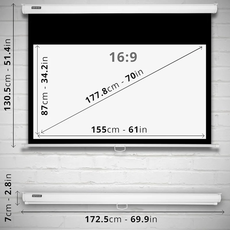 Duronic MPS70 16:9 WE Beamer Leinwand | 70 Zoll Projektor Leinwand | 16:9 Heimkino | Gain +1 Rolloleinwand für Wand- oder Deckenmontage | 4K UHD, 3D, Full HD 1080p | Kompakte Projektionsleinwand Weiß