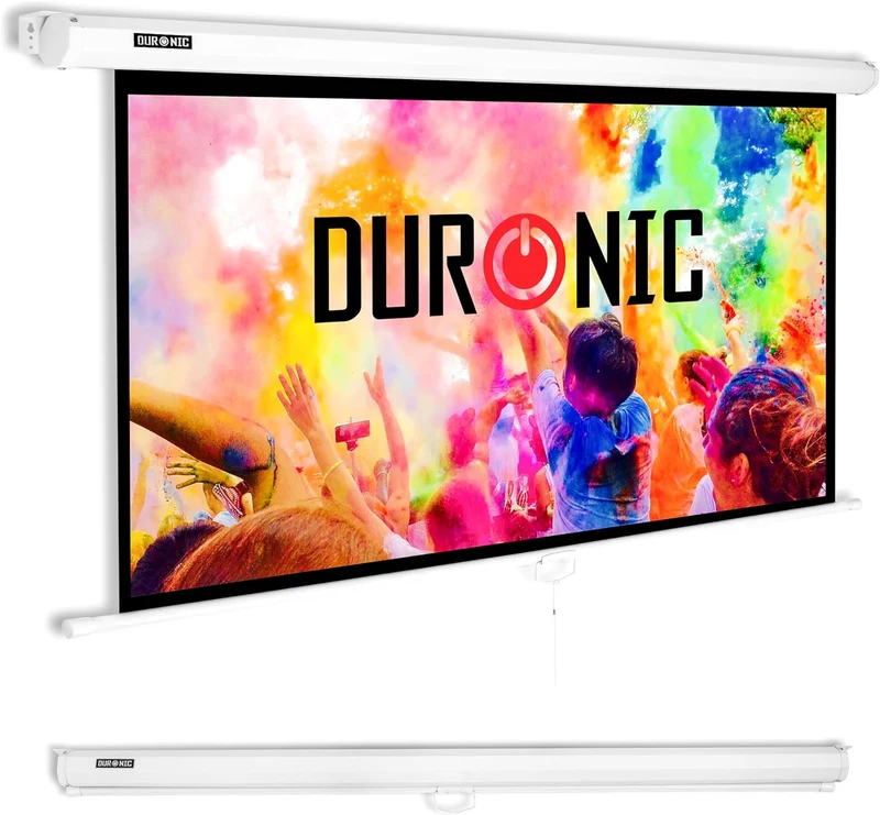Duronic MPS60 16:9 WE Beamer Leinwand | 60 Zoll Projektor Leinwand | 16:9 Heimkino | Gain +1 Rolloleinwand für Wand- oder Deckenmontage | 4K UHD, 3D, Full HD 1080p | Kompakte Projektionsleinwand Weiß