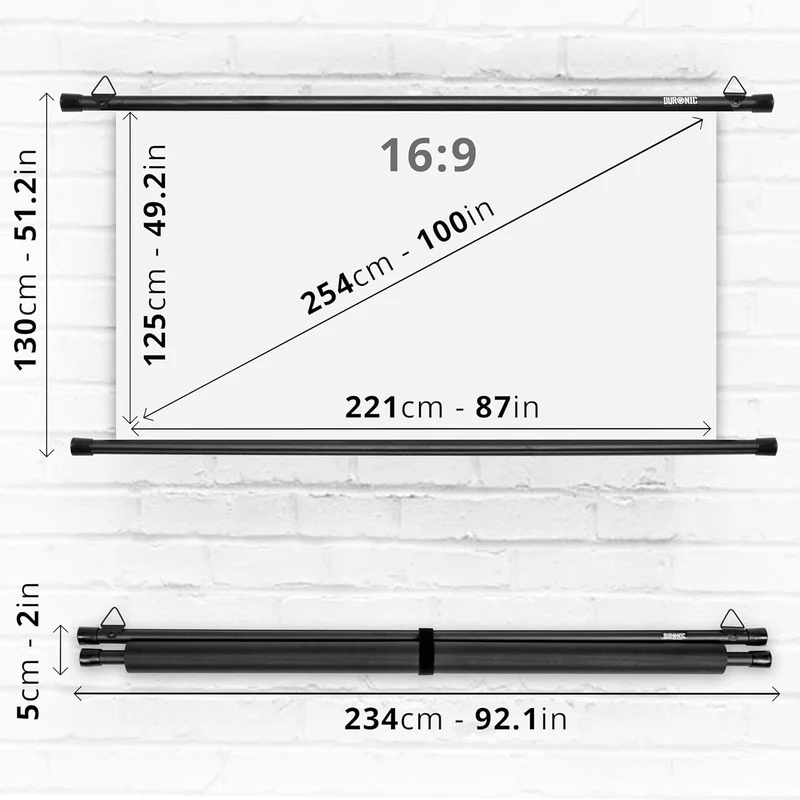 Duronic BPS100 16:9 Projektorleinwand, Beamerleinwand 100 Zoll, Heimkino mit 4K Full HD 3D, Rolloleinwand 1.0 Gain, Beamer Leinwand für Wandmontage, Filmnacht, Videoleinwand für Büro Schulen