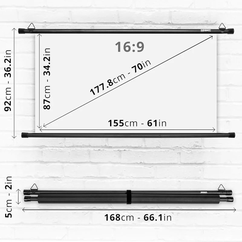 Duronic BPS70 16:9 Projektorleinwand, Beamerleinwand 70 Zoll, Heimkino mit 4K Full HD 3D, Rolloleinwand 1.0 Gain, Beamer Leinwand für Wandmontage, Filmnacht, Videoleinwand für Büro Schulen