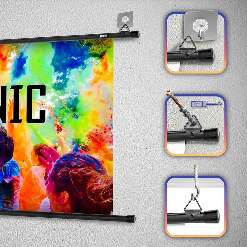 Duronic BPS50 16:9 Projektorleinwand, Beamerleinwand 50 Zoll, Heimkino mit 4K Full HD 3D, Rolloleinwand 1.0 Gain, Beamer Leinwand für Wandmontage, Filmnacht, Videoleinwand für Büro Schulen