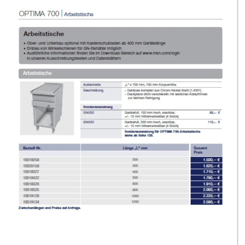 MKN Arbeitstisch 700 mm OPTIMA 700 gebraucht