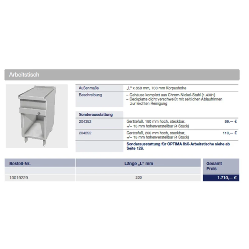 MKN Arbeitstisch 200 mm OPTIMA 850 Sonderausstattung gebraucht
