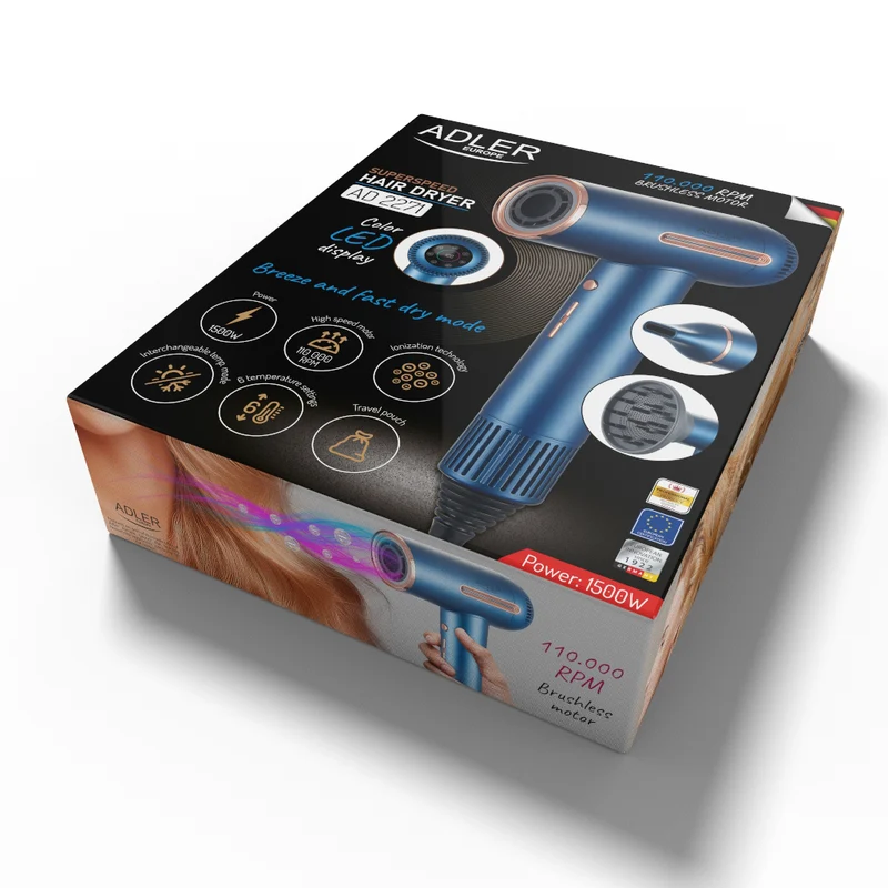 Adler AD 2271 SUPERSPEED Ionen Haartrockner blau Diffusor LED-Display